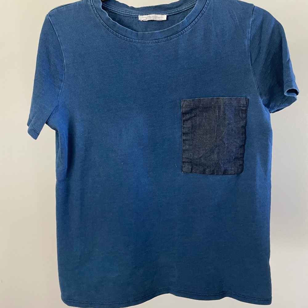 Zara Oversized Blue T-Shirt with Denim Pocket